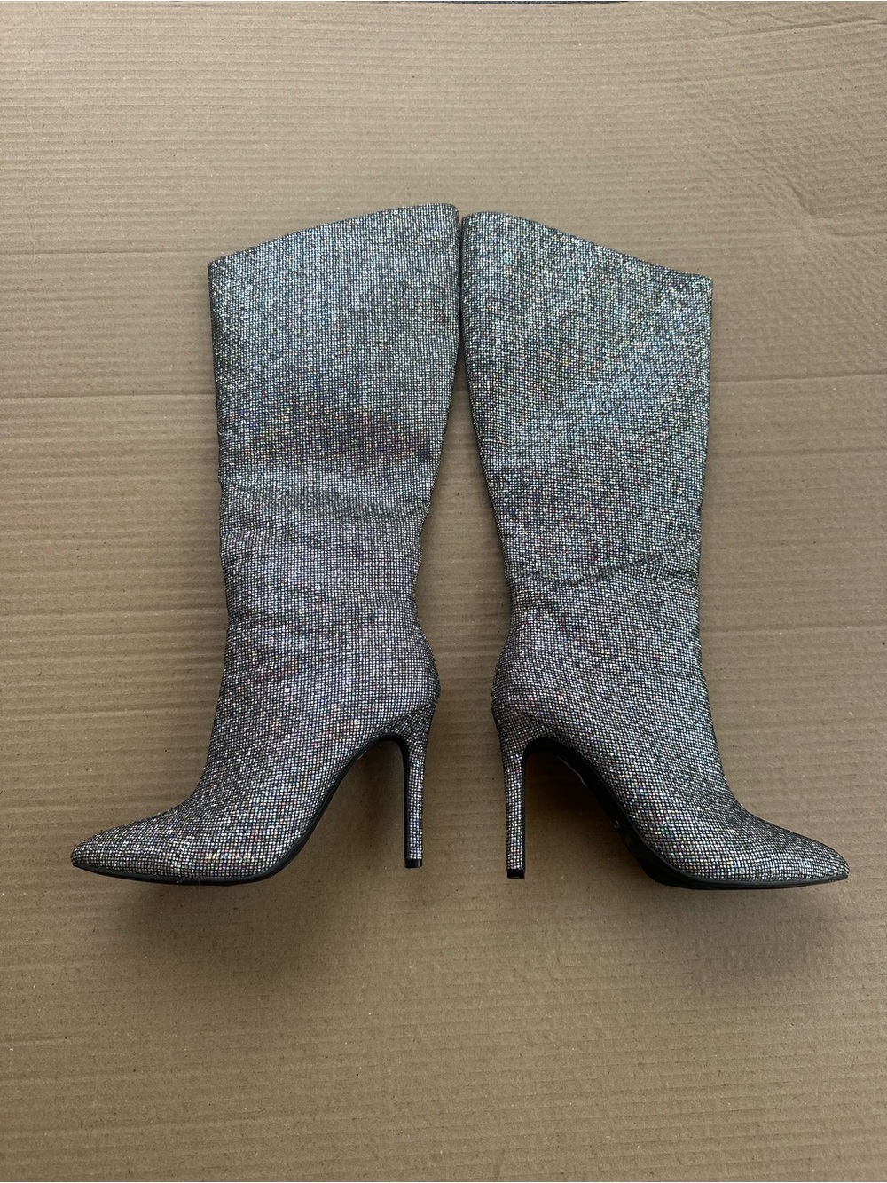 Anne Michelle Silver Glitter Pointed-Toe Mid-Calf Stiletto Boots